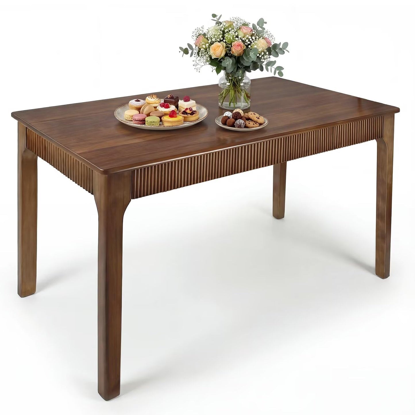 55" Solid Wood Dining Room Table for 4-6,Modern Farmhouse Rectangular Kitchen Real Wooden Table,Mid Century Fluted Design Large Furniture Desk for Home,Apartment,Living Room Walnut