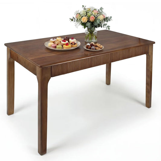 55" Solid Wood Dining Room Table for 4-6,Modern Farmhouse Rectangular Kitchen Real Wooden Table,Mid Century Fluted Design Large Furniture Desk for Home,Apartment,Living Room Walnut