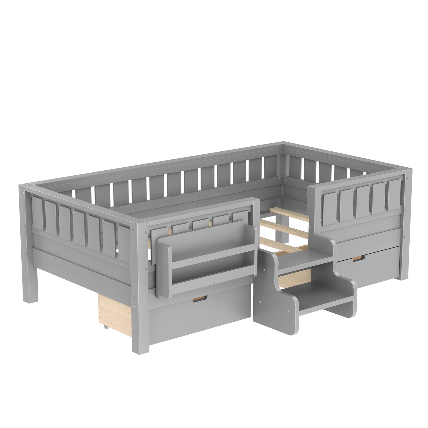 Bellemave Twin Bed with Slats and Stairs, Twin Size Platform Bed Frame with Fence, Bookshelf and Storage Drawers, Easy Assemble Beds for Kids, Girls, Boys, Gray
