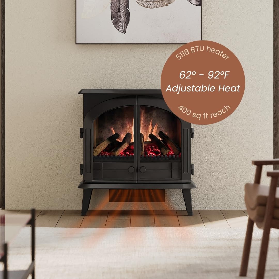 Modern Ember Harlowe Freestanding Electric Fireplace Stove Heater in Black with Multi-Color Ember Bed | Smart Technology | Alexa/WiFi Enabled | 1500W | Indoor Portable Heater | Safety Shutoff