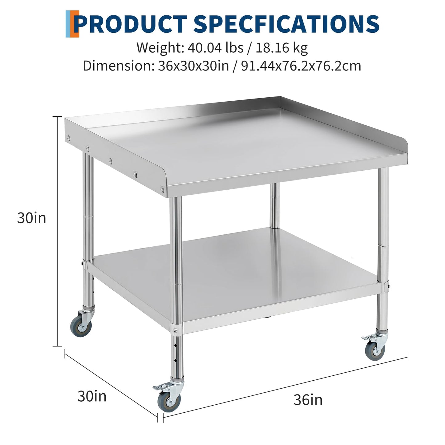 MilleLoom 36"x30"x30" Stainless Steel Grill Stand Table, NSF Certified, 3-Sided 2" Backsplash, Adjustable Legs & Wheels, 660 lbs Capacity, Equipment Stand for Restaurant, Hotel, Home Kitchen