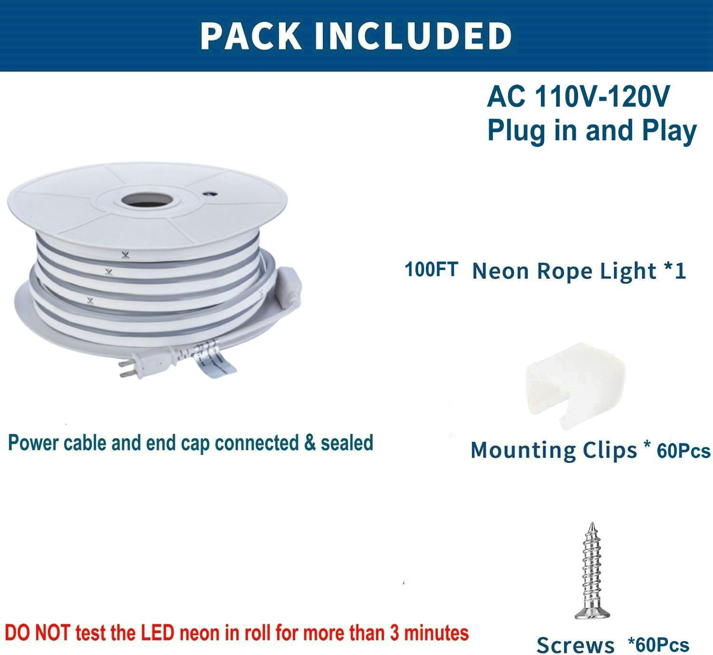 FORT LED Neon Rope Lights 100FT Cool White Flexible PVC Outdoor Waterproof Plug-Play Model neon-666