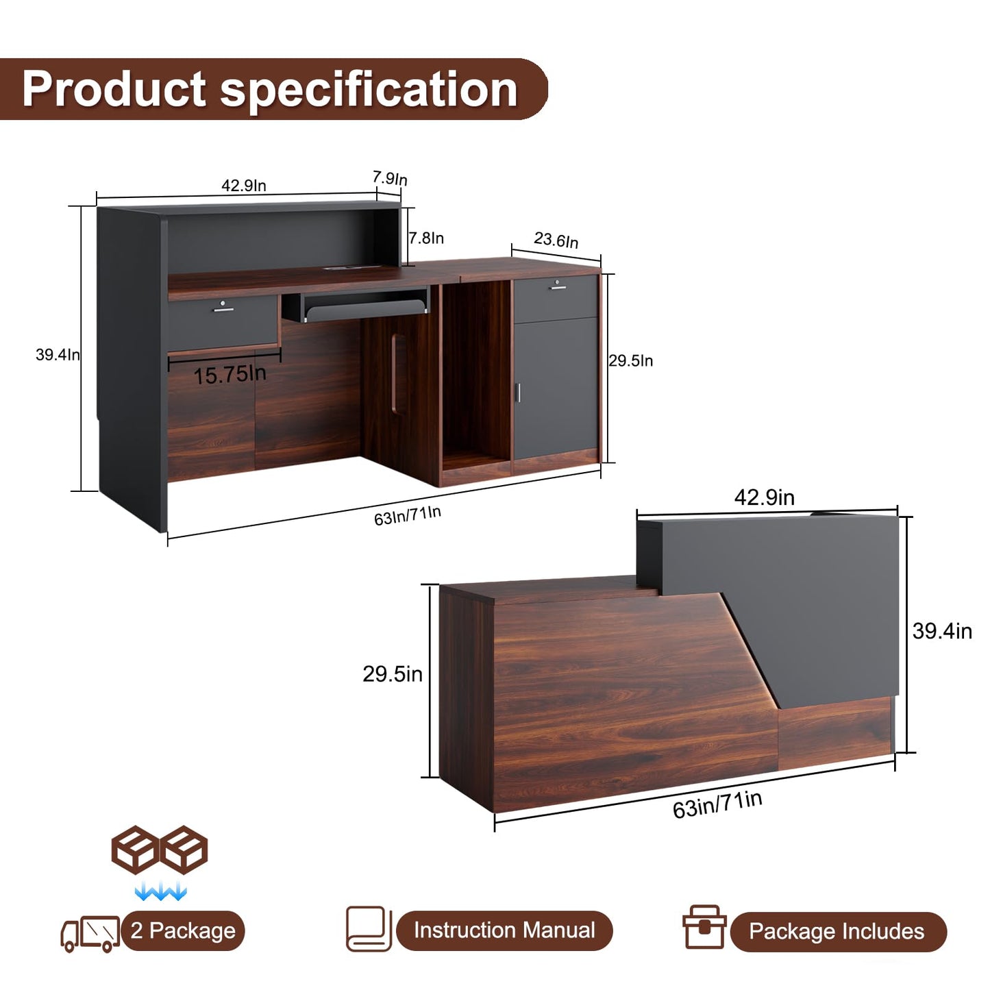 L-Shaped Reception Desk with Counter & Wireless Charging, 1-Inch Thick Board, Lockable Drawers & Keyboard Tray, Heavy-Duty Front Desk for Office, Salon, Hotel & Clinic, Black & Walnut, 71 Inch