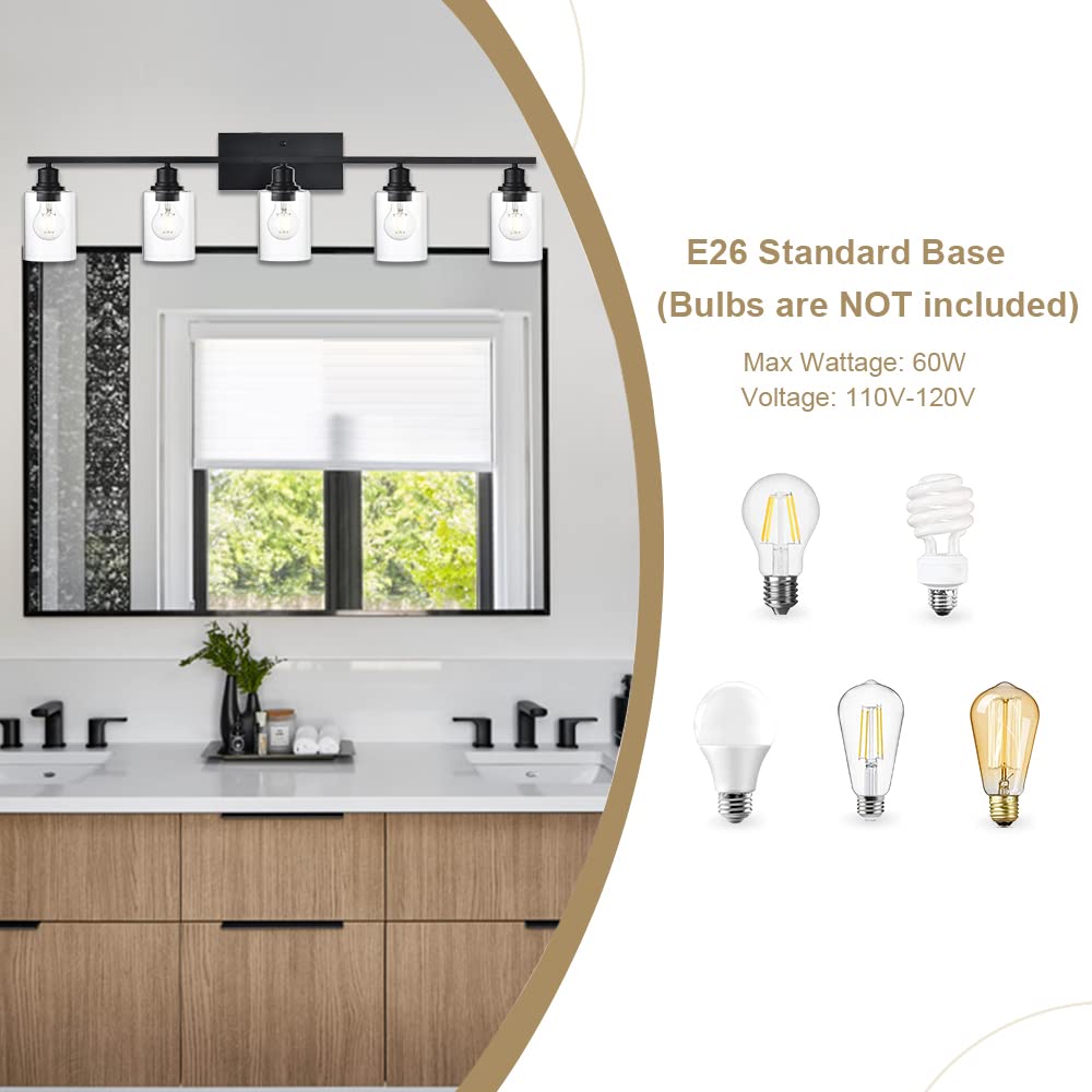 5-Light Modern Bathroom Lighting Fixtures, 40" Matte Black Bathroom Vanity Lights with Clear Glass Shade, Anti-Rust Farmhouse Wall Sconces for Bedroom Cabinet Kitchen E26 Socket (Bulbs Not Included)