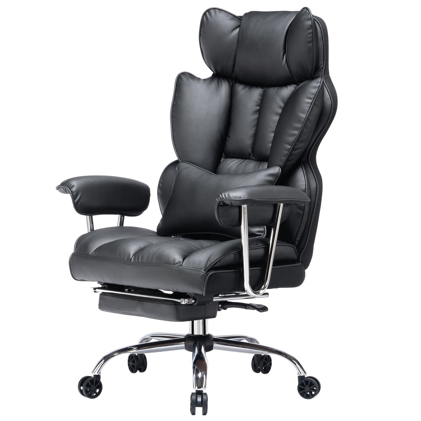 Efomao Big and Tall Office Chair 400lbs – High Back Executive Chair with Swivel Base, PU Leather Upholstery, Lumbar Pillow, Padded Armrests, and Rolling Wheels，Black Computer Chair