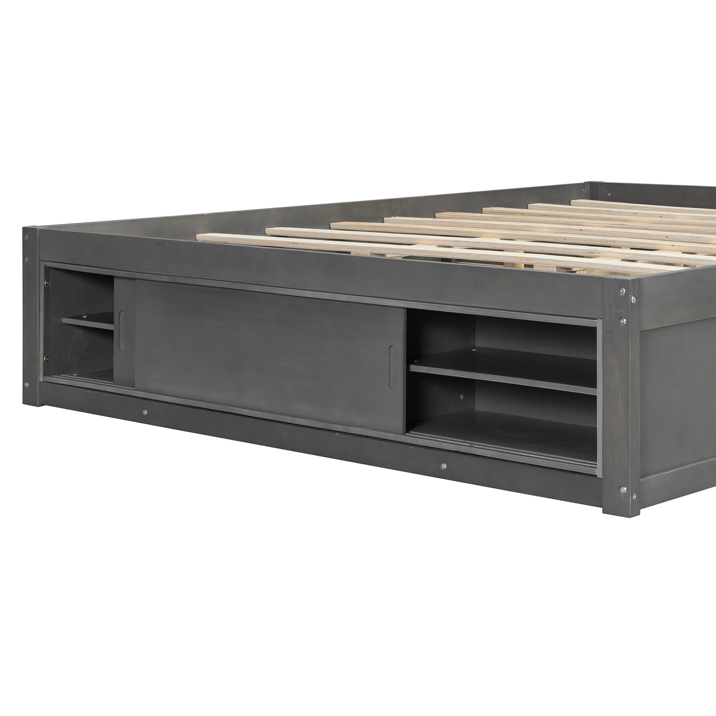 Merax Queen Size Wood Platform Bed with 4 Underbed Drawers and Footboard Storage Cubby, Minimalism Bed Frame with Solid Wooden Slat Support for Bedroom, No Box Spring Needed, Easy Assembly, Gray