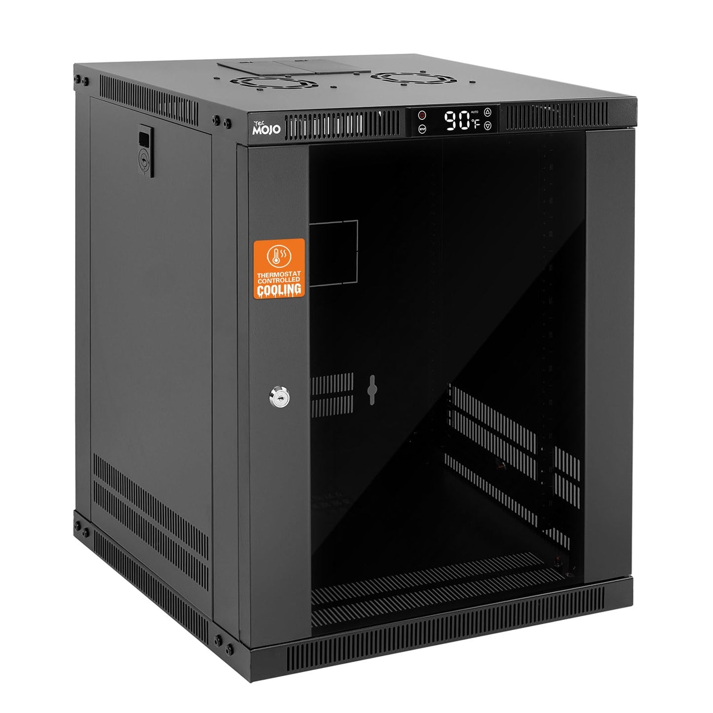 Tecmojo 12U Wall Mount Rack with Thermostat, 17.7inch Depth Enclosed Server Cabinet with 2 Cooling Fans,Lockable Door & Hardware,12U Rack for 19inch Equipments,Glass Door