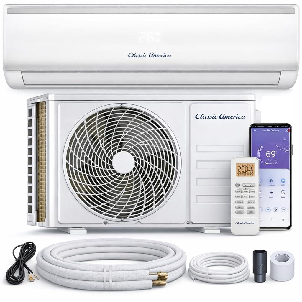 Vtronix Classic America 9000 BTU Smart Mini Split AC/Heat Pump, 23 SEER2 Inverter Ductless Wall Mount, 110/120V, Quiet 27dB, WiFi/Alexa Ready, Pre-Charged, 16ft Line Set Kit, Up to 450 Sq Ft