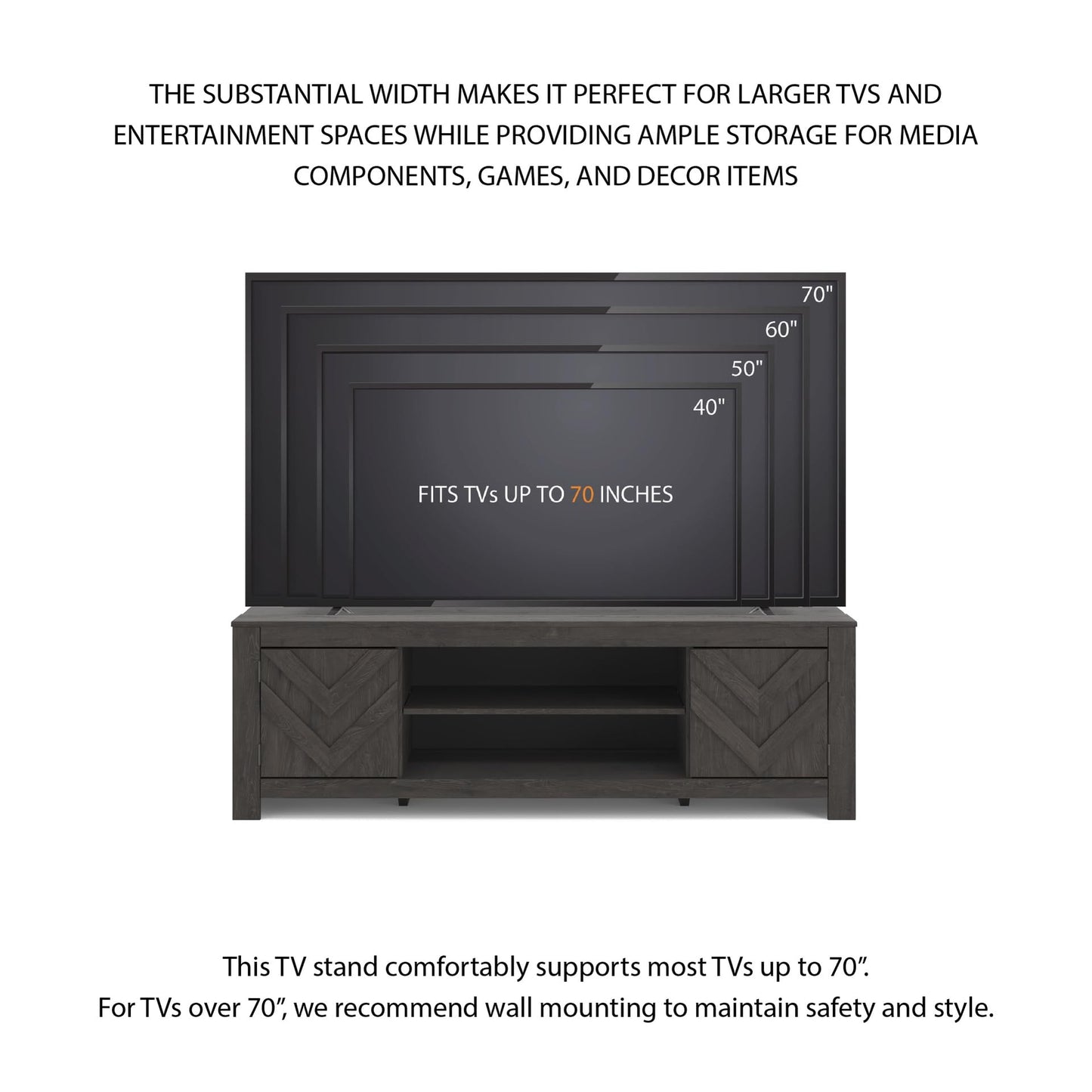 Signature Design by Ashley Cayboni Casual 71" TV Stand for TVs up to 81" with 2 Cabinets, Adjustable Shelves and Fireplace Option, Black
