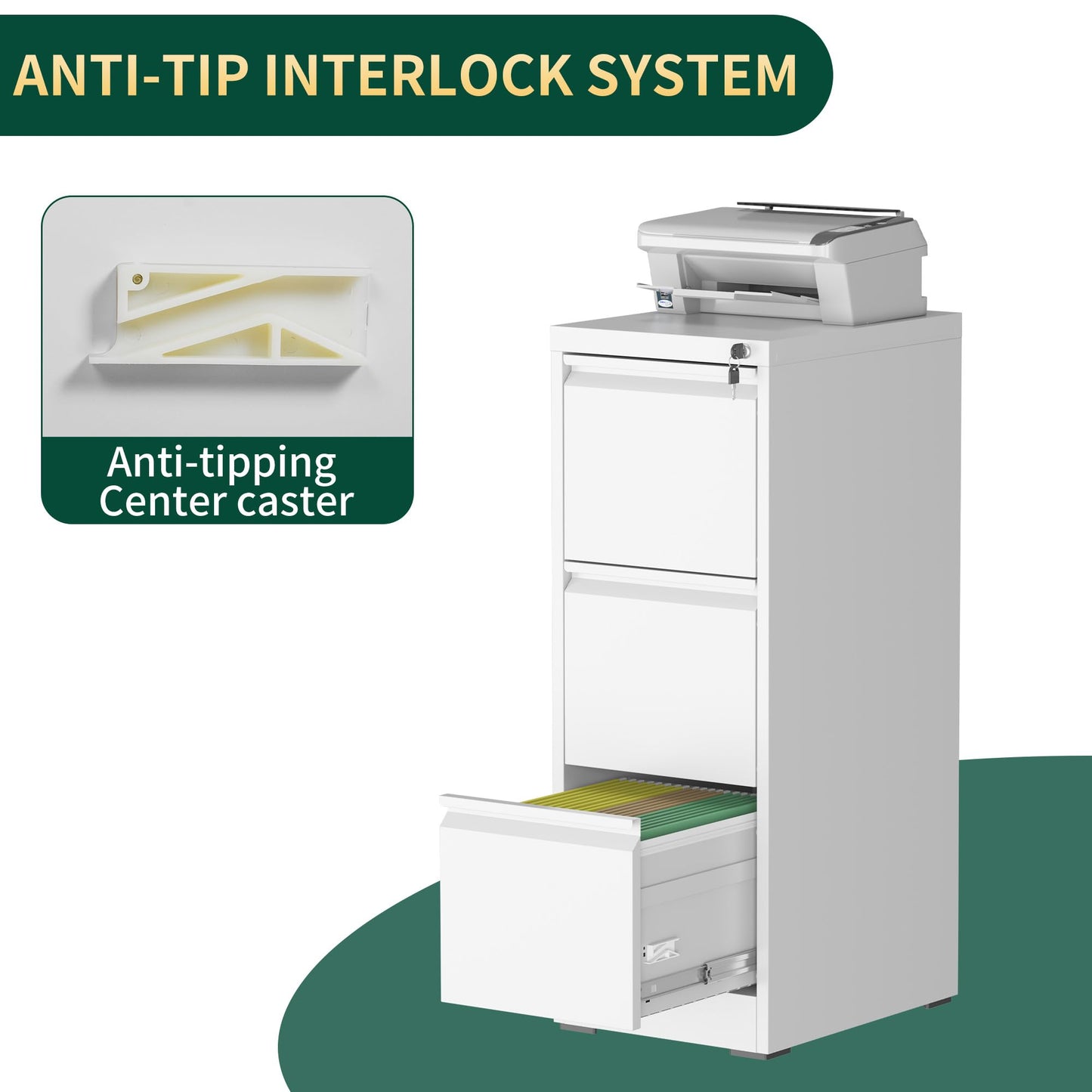 FOSTOKO 3 Drawer File Cabinet with Lock, White Steel Vertical Filing Storage Cabinet for Home Office, Heavy-Duty File Cabinets for Letters/Legal/A4, Require Assembly