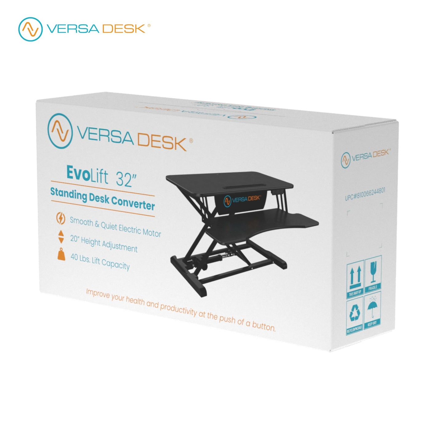 VERSADESK EvoLift 32" Electric Standing Desk Converter, Sit to Stand Motorized Desk Riser, 1-Button Easy Lift, Dual Monitor Workstation, Wide Keyboard Tray, Built-in Device Stand, Black