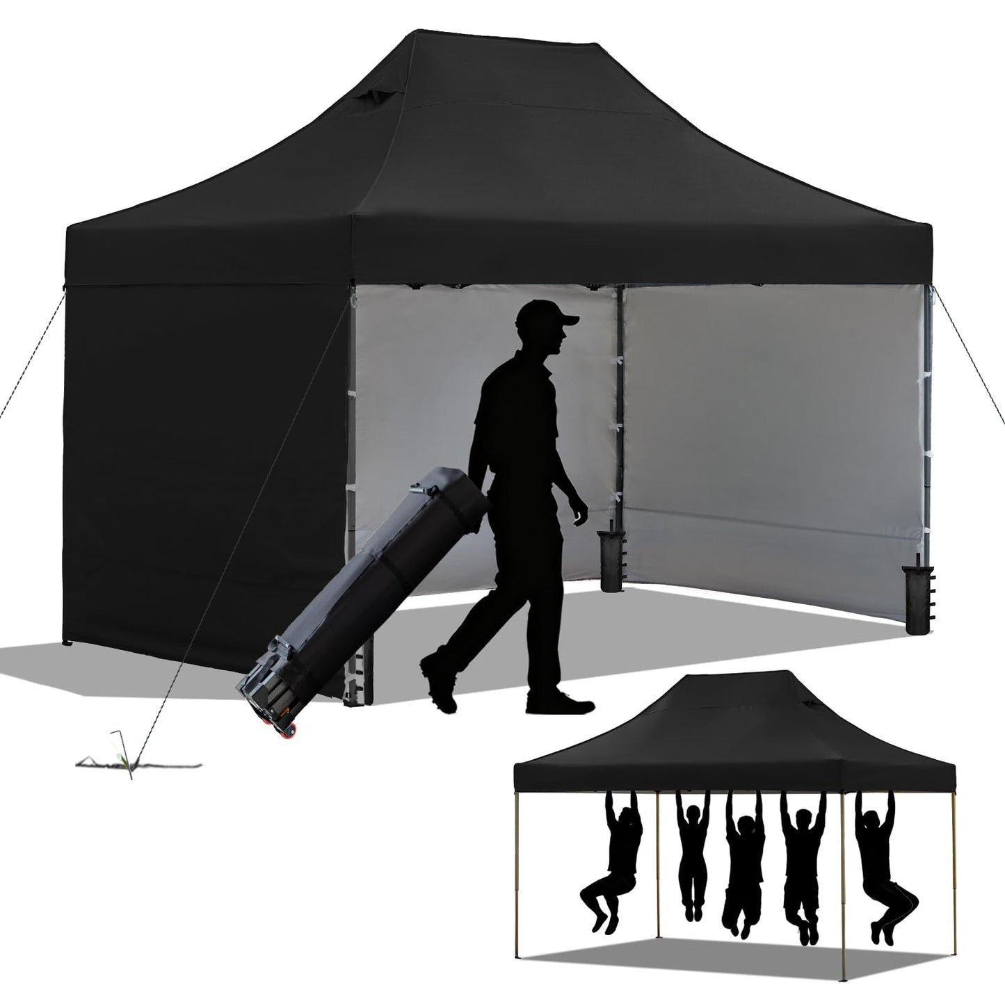 10x15 Heavy Duty Pop Up Canopy Tent, Outdoor Commercial Easy Up Canopy Outdoor Party Tents with 3 Removable sidewalls and Wheeled Bag for Events, Parties, Weddings(Black)