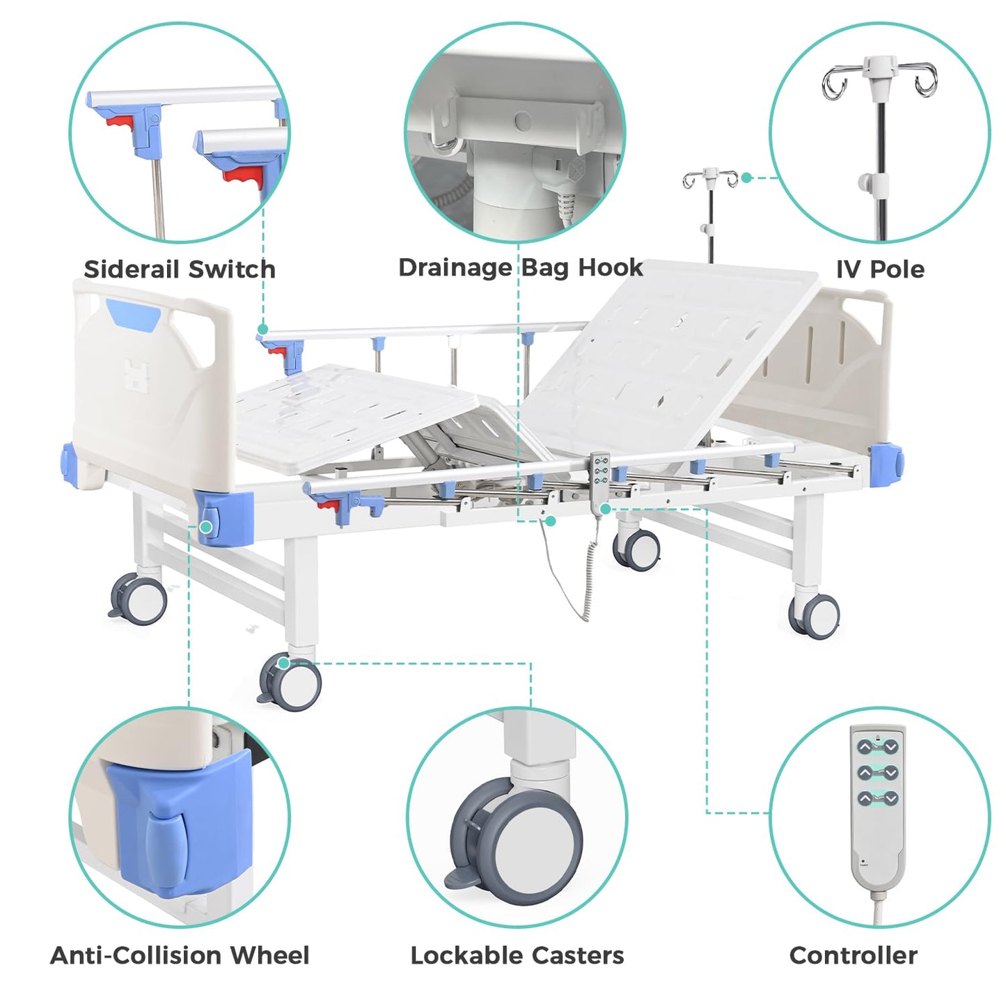 OLERN Full Electric Hospital Bed with Memory Mattress for Home Use-Back&Leg Adjustable-IV Pole Included-5" Casters, 550LBS Loading, Adjustable Medical Bed Frame