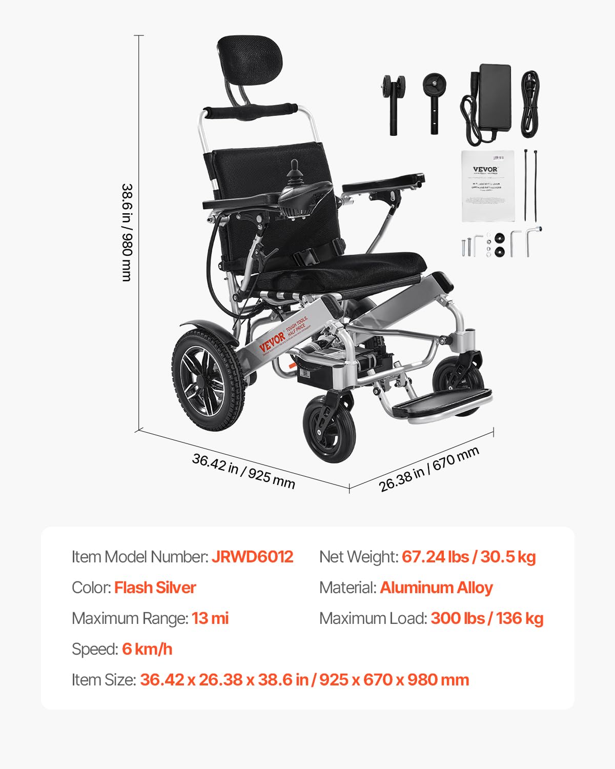VEVOR Electric Wheelchair for Adults, 300 lbs & Adjustable Backrest, Foldable Lightweight Power Chair with 21" Seat, 13-Mile All-Terrain Range for Senior Portable Mobility