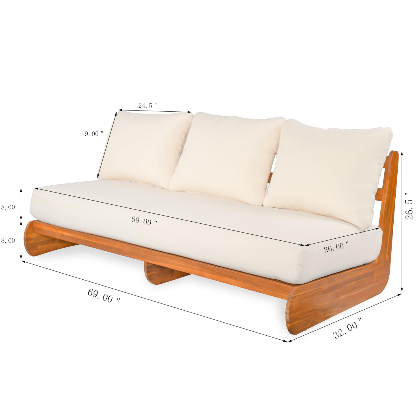 Merax Outdoor Acacia Wood Sofa with All-Weather Cushions, Patio Low 3-Seater Lounge Sofa for Porch, Lawn, Backyard, Balcony, Beige +Teak