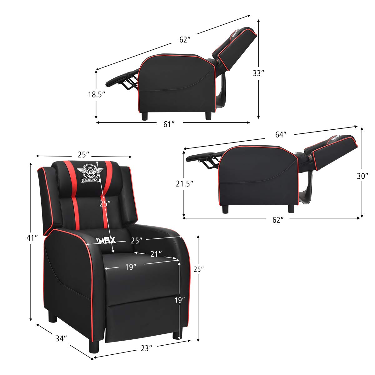 GLOBALWAY Gaming Recliner, Movie Theater Chair w/Adjustable Backrest & Footrest, Massage Lumbar Pillow, Racing Single Sofa, PU Leather Reclining Chair for Gaming Room, Home Theater (Red)