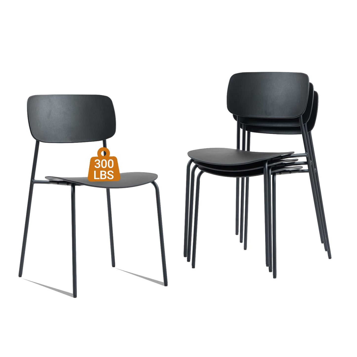 Sidanli Stackable Chairs Set of 4, Waiting Room Chairs with Metal Legs and Ergonomic Plastic Seat, Stacking Office Chairs for Conference Reception Church Banquet, Black