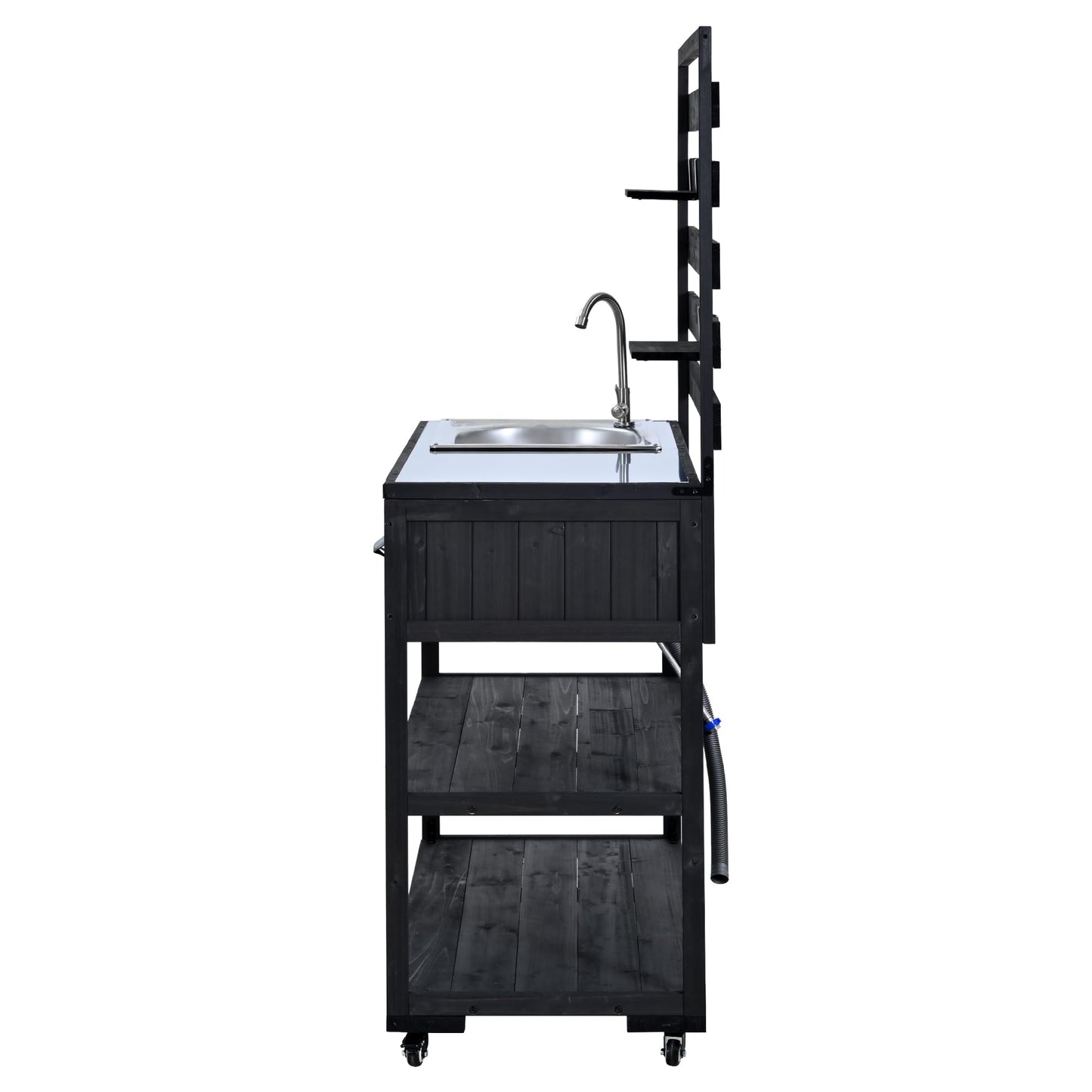 GDFStudio Elvale Patio Rolling Kitchen Island Cart with Sink, Wooden Outdoor Storage Cabinet with Stainless Steel Top, Movable Shelves, Bottle Opener and Lockable Wheels, Garden Potting Bench, Black