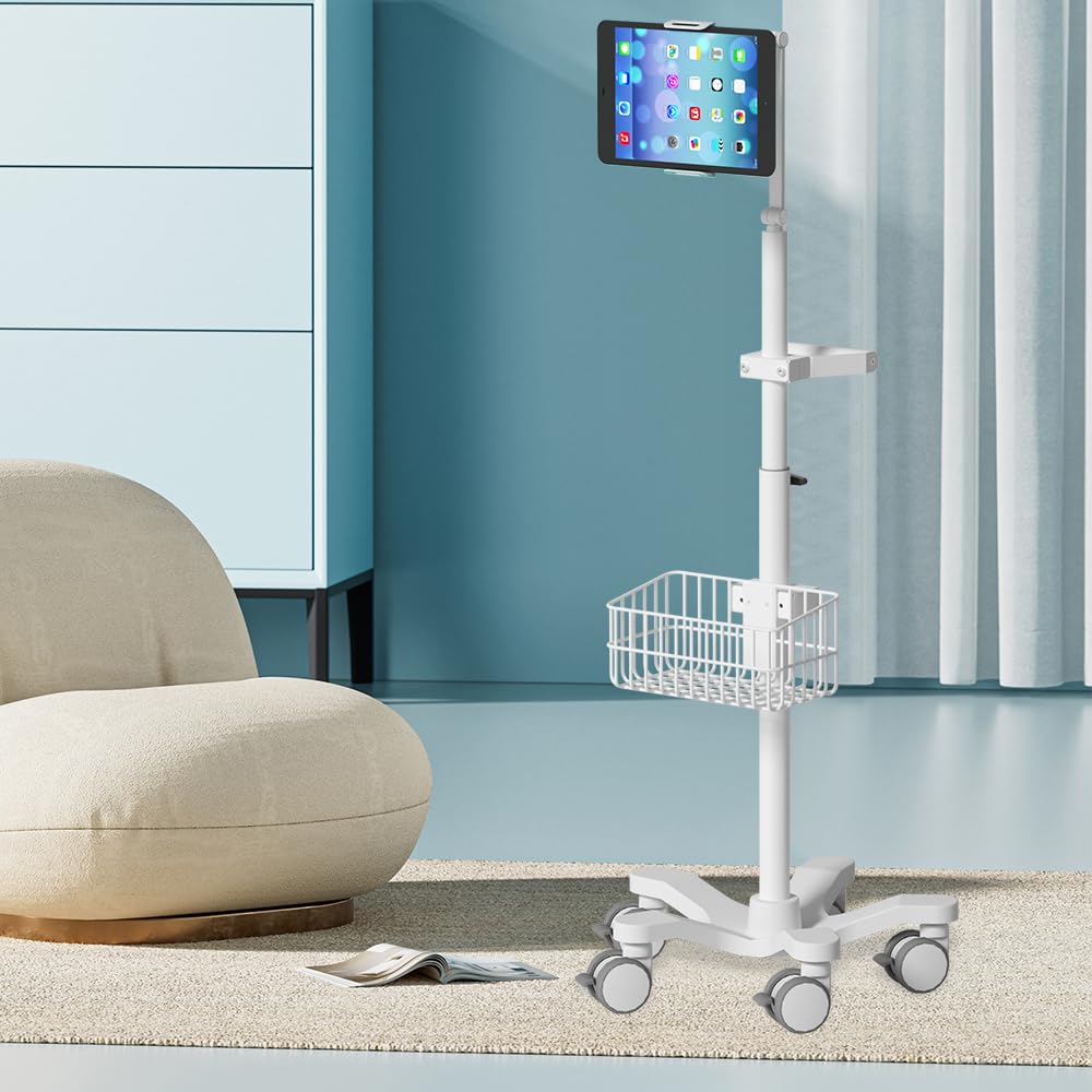 Medical Mobile Tablet Trolley, Height Adjustable with Storage Basket & Swivel Arm, Compatible with iPad & Intraoral Scanners