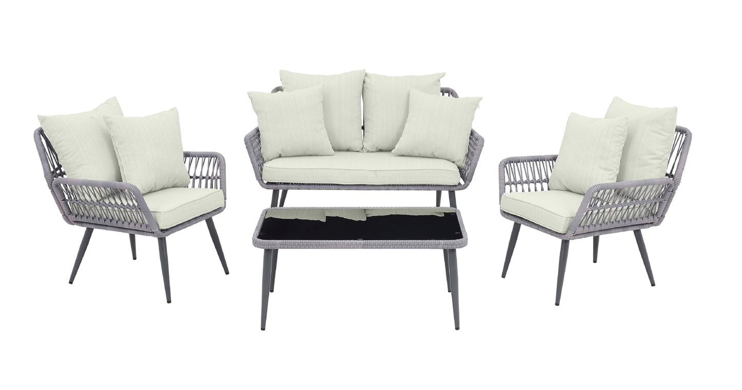 Manhattan Comfort Portofino 4-Piece Patio Conversation Set, Rope Wicker Design with Waterproof Cushions | Outdoor Furniture Includes 2 Armchairs, Loveseat & Coffee Table with Tempered Glass Top, Cream