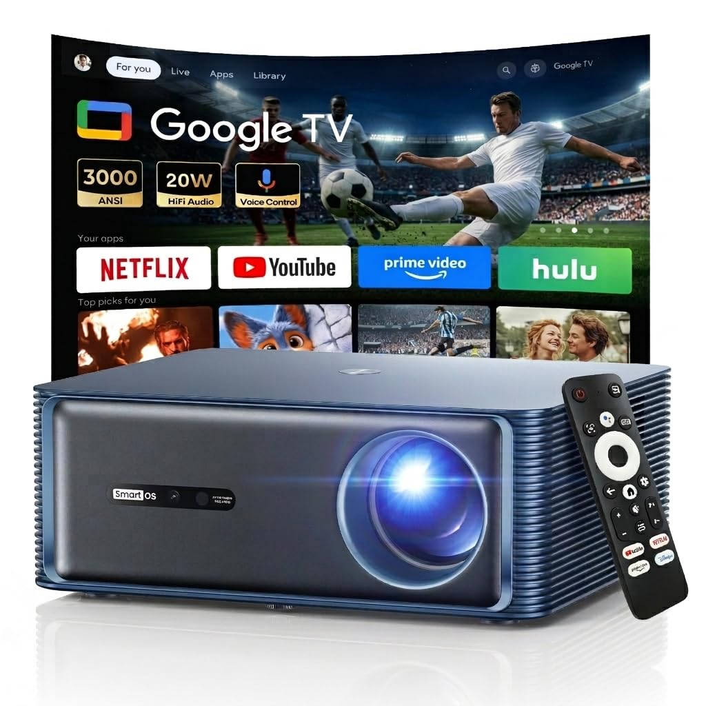 Boldever 3000 ANSI Google TV Smart Projector - 4K Projector with WiFi and Bluetooth, 20W HiFi Speakers Outdoor Movie Proyector, Auto Focus & Keystone Projector for Home Theater Indoor