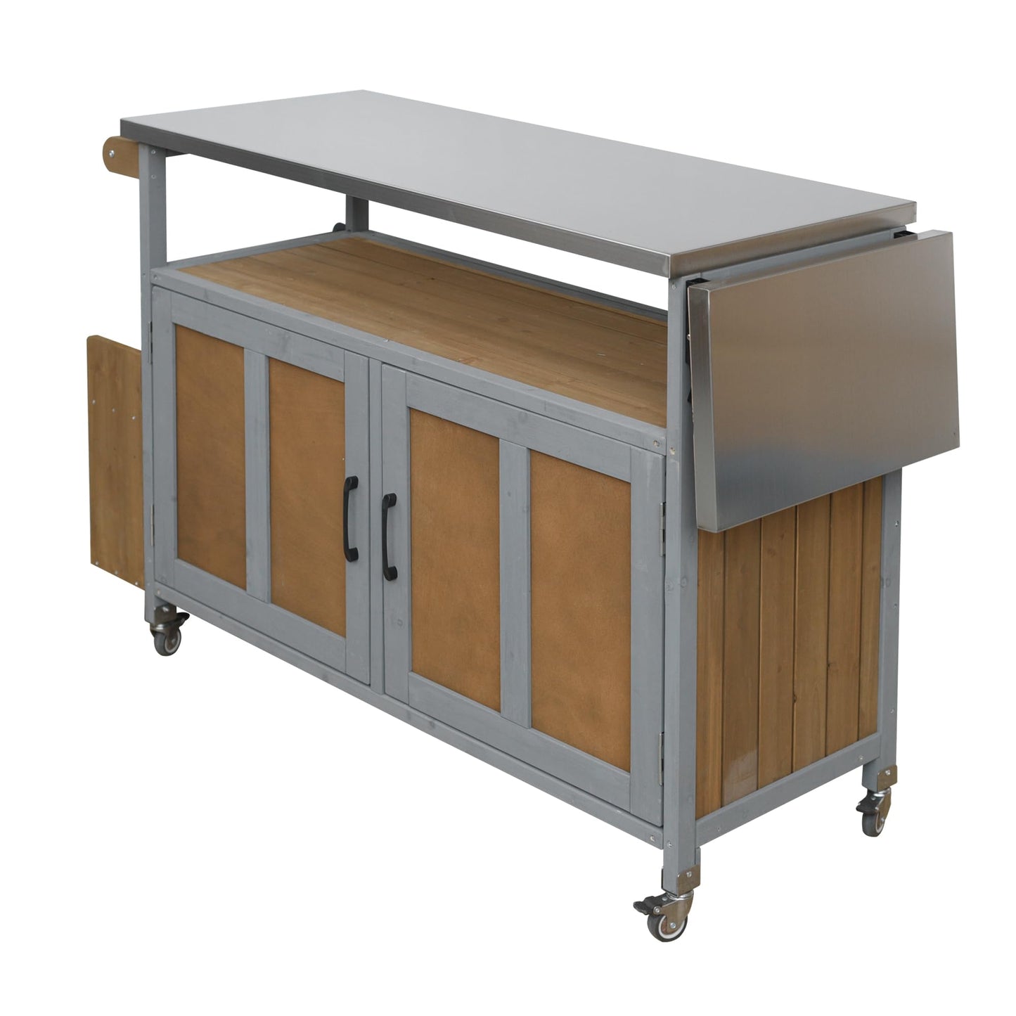 Outdoor Kitchen Island Cart with Foldable Stainless Steel Top, Rolling Grill Table with Adjustable Shelf Storage Spice Rack & Towel Holder, Wooden BBQ Prep Station with Lockable Wheels, Espresso Grey