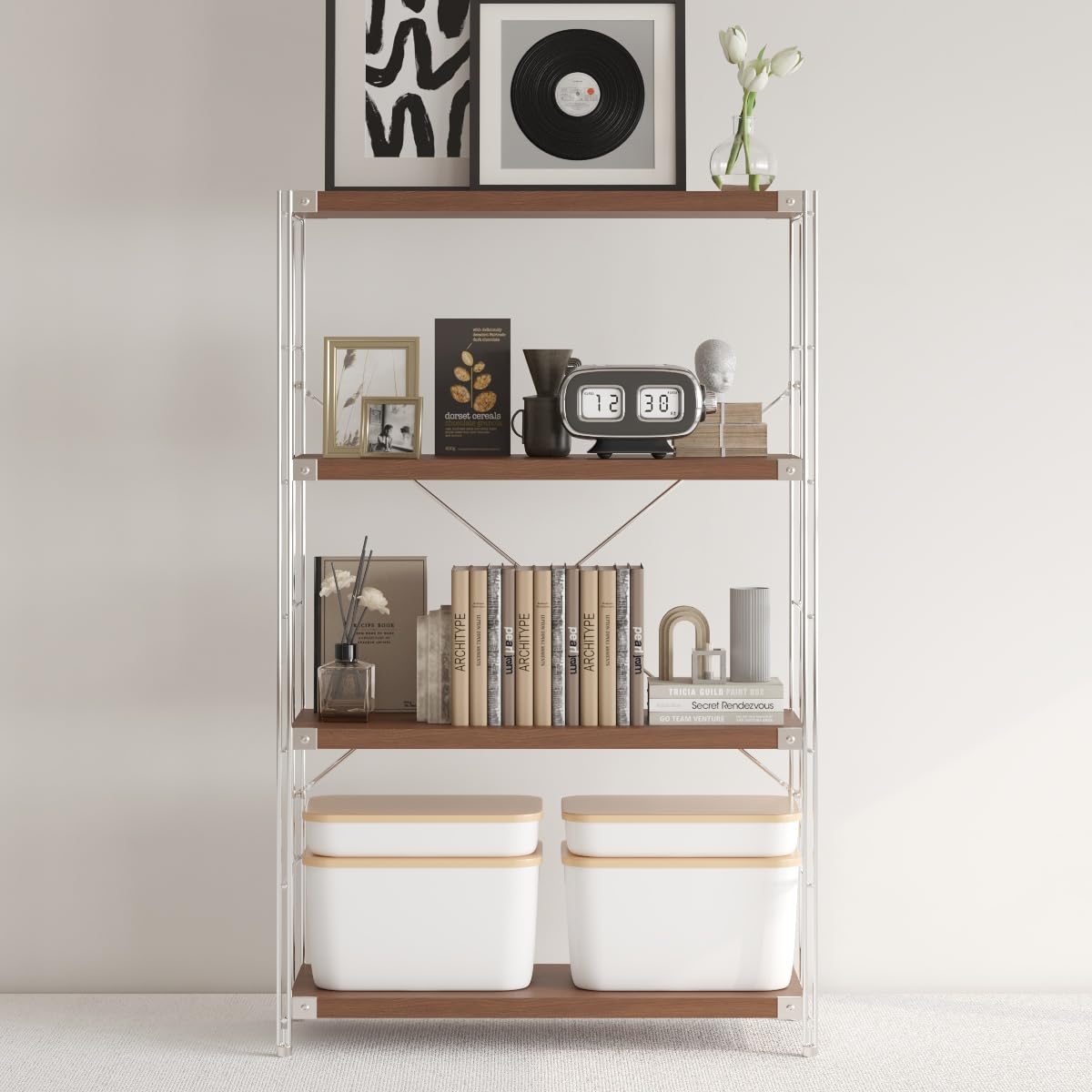 Achene 4-Tier Industrial Bookshelf, Storage Bookcase for Living Room, Bedroom, Home Office, and Kitchen, 11.81"x31.5"x51.18" Inches (Walnut, 4T32IN)