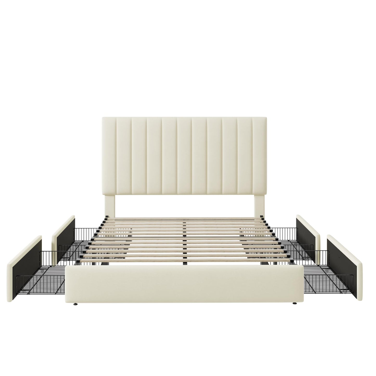 Allewie Full Size Storage Bed Frame, Vertical Channel Tufted Adjustable Headboard, Velvet Upholstered Platform Bed with 4 Oversized Underbed Drawers, Wooden Slats Support, No Box Spring Needed, Cream
