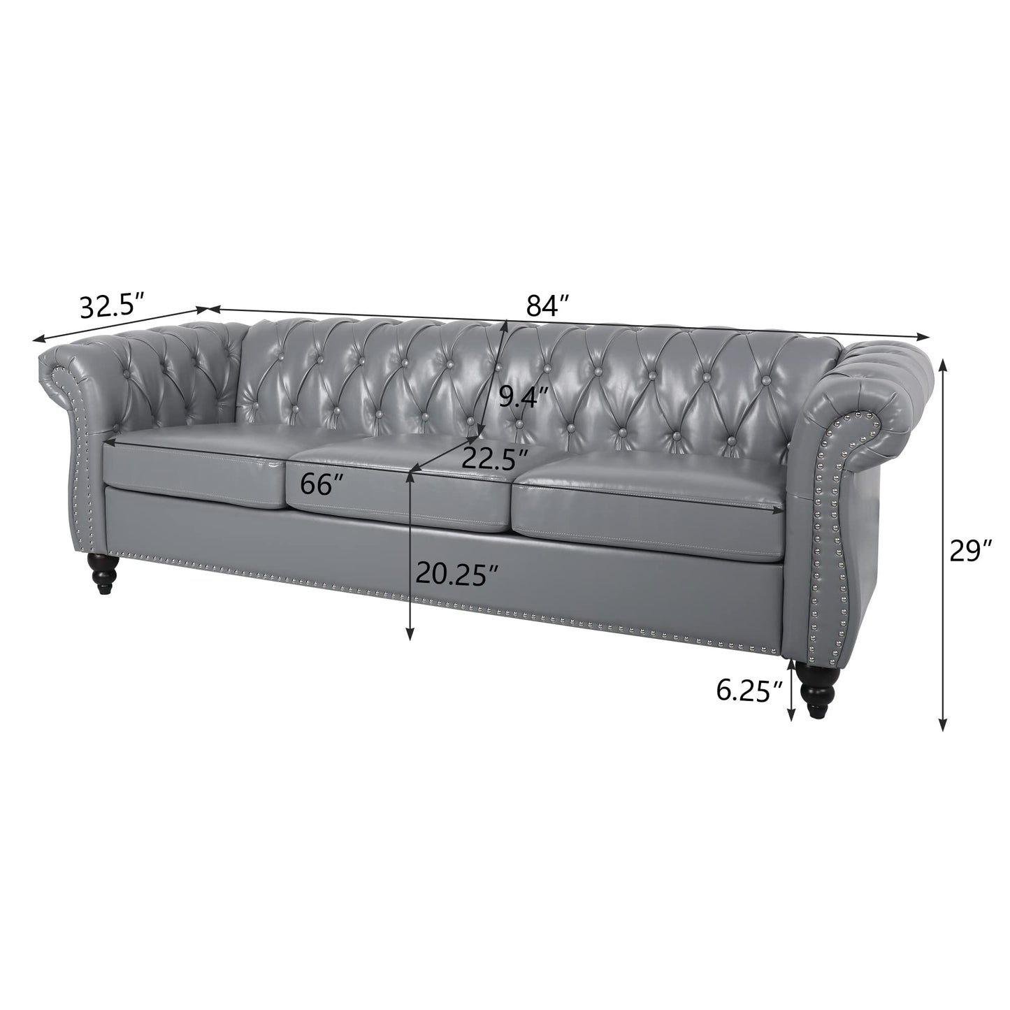 ORRD Chesterfield Sofa Leather, Modern PU Tufted Couch 3 Seater with Rolled Arms and Nailhead for Living Room, Bedroom, Office, Apartment (Grey)