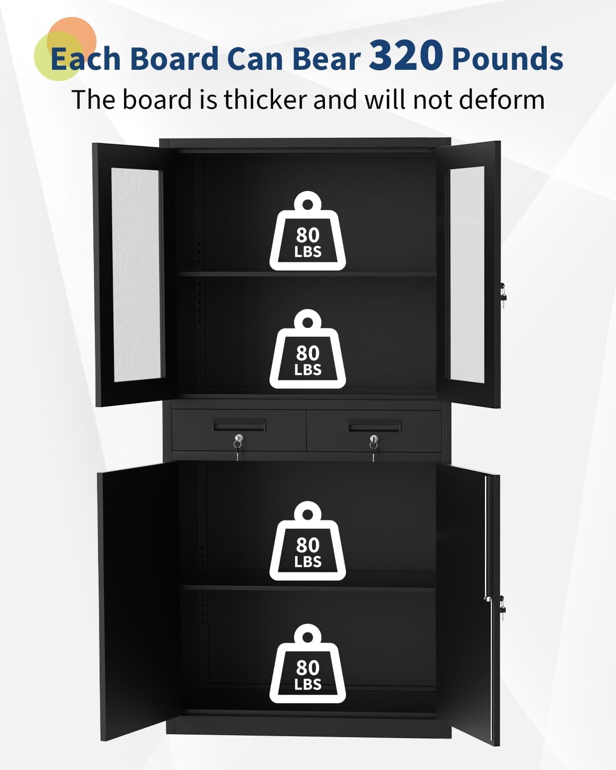 GarveeTech 71 in Black Metal Storage Cabinet with Glass Doors | 2 Drawers + 2 Adjustable Shelves, Locking Mechanism | Garage & Home Office Storage Solution