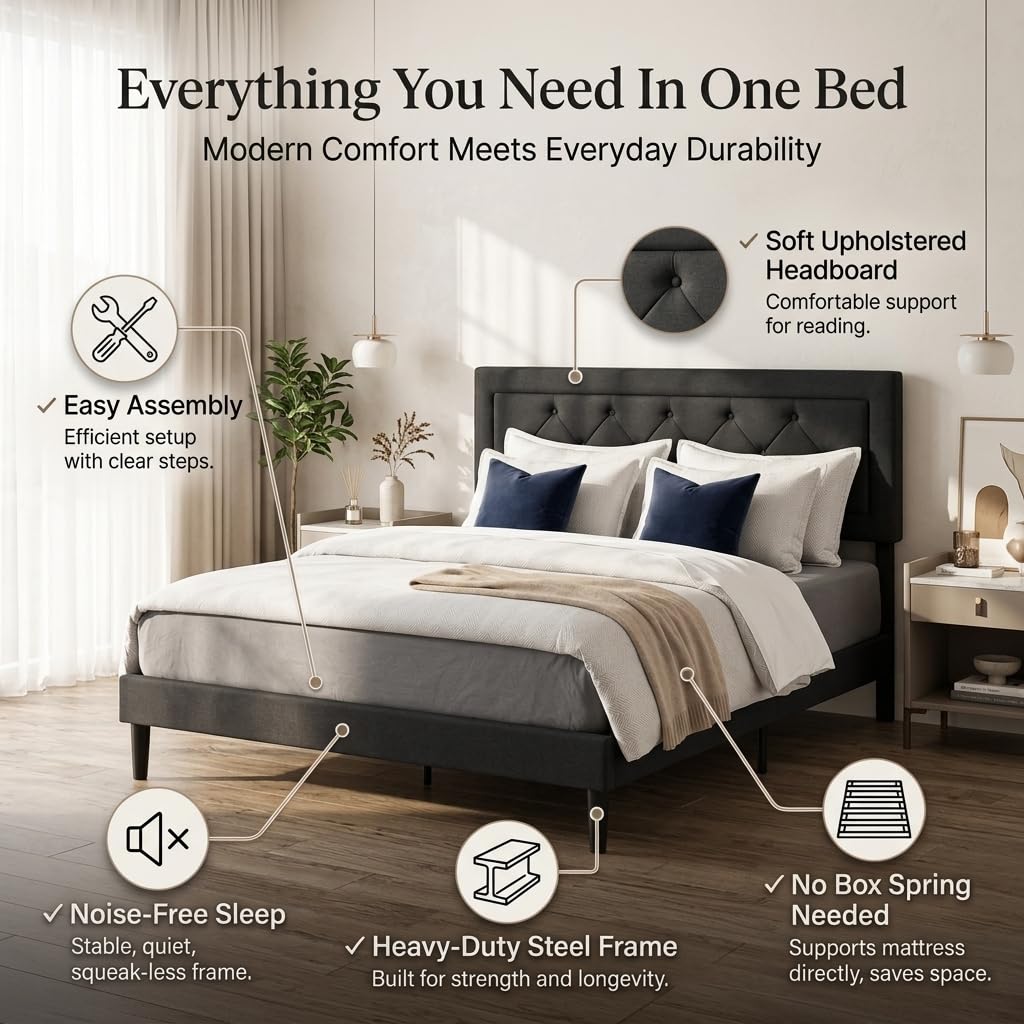 Dearforest Queen Upholstered Bed Frame with Headboard, Heavy Duty Platform Bed Frame, Easy Assembly, Noise-Free, No Box Spring Needed, Strong Metal Support, Under Bed Storage Space (Grey, Queen)