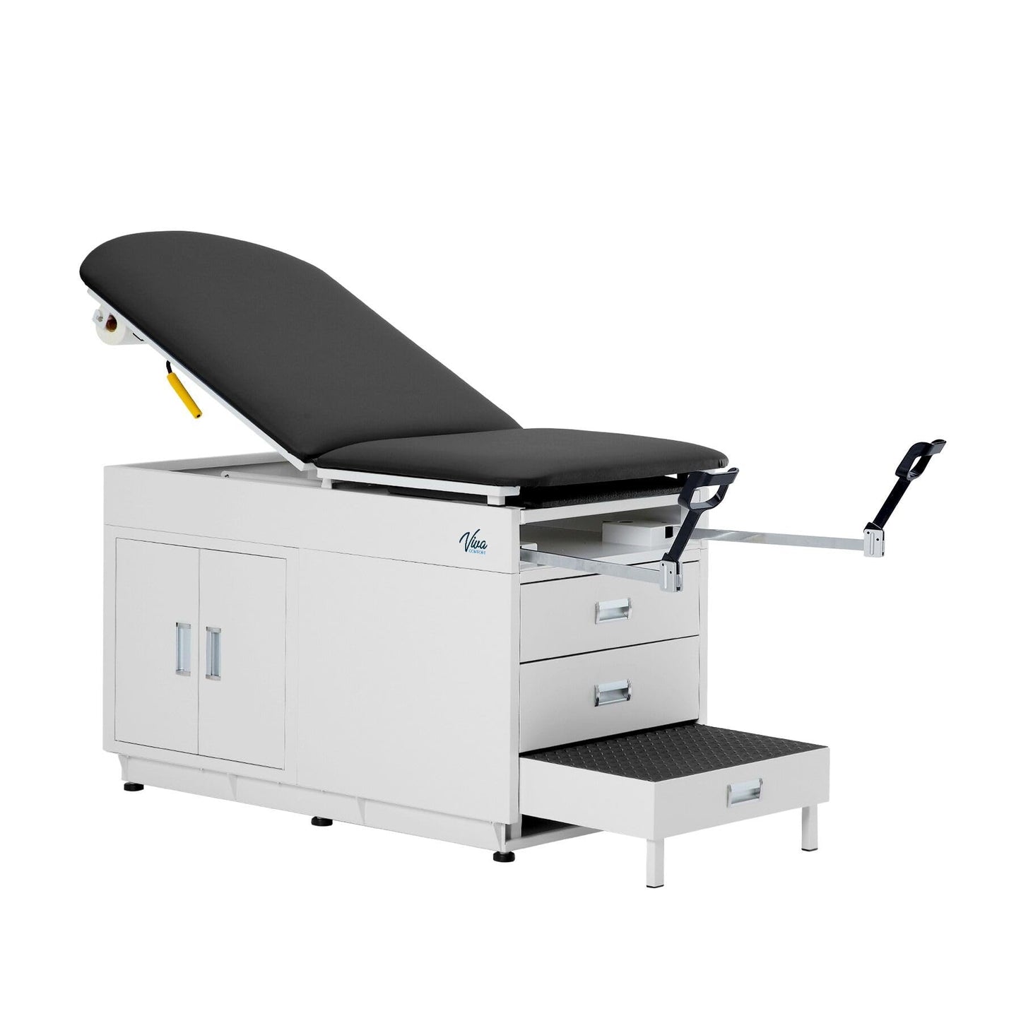 Vivacomfort Grande Medical Exam Table, Adjustable Exam Bed with Step Stool, Storage Cabinets, Foot Rest and Stirrups,47.64” L x 26.77” W x 29.13” H, Black