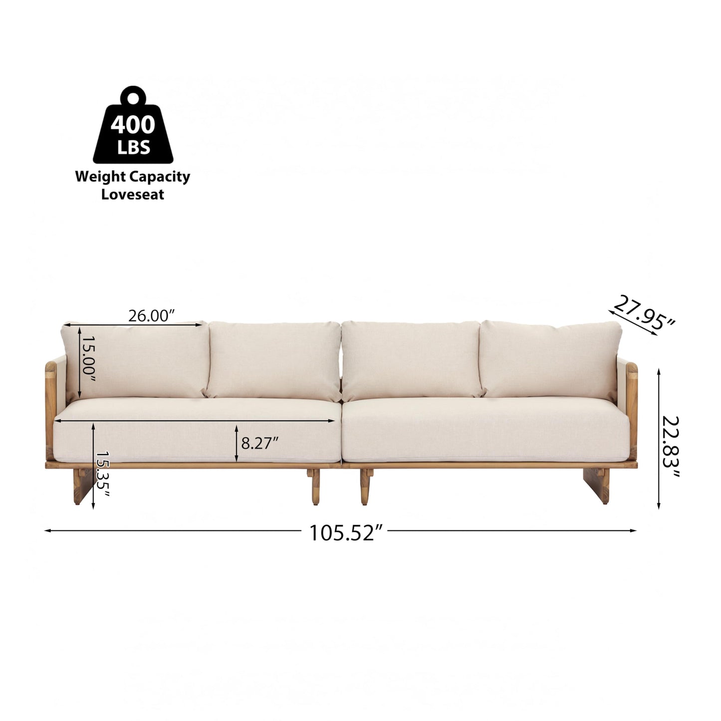 Merax Acacia Wood Outdoor Patio 105 Inch Loveseat Sofa with Cushions, Large 4-Seater Sofa Daybed for Backyard, Lawn, Deck, Balcony, Water Repellent Fabric, 400 lbs Capacity, Light Teak +Beige