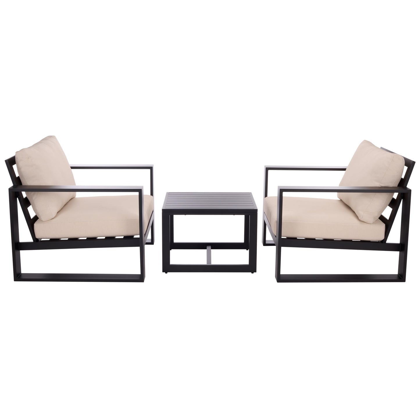 SAFAVIEH Outdoor Patio Furniture Collection – Fash Black & Taupe Cushion 3-Piece Living Set, Modern Outdoor Chairs & Slatted Square Table (PAT7552A)