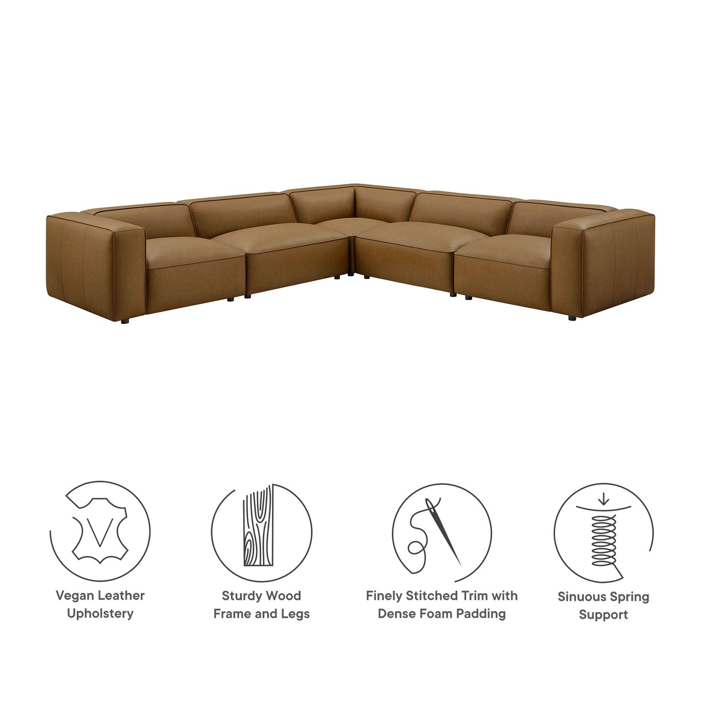 Modway Auren Vegan Leather 5 Piece Modular Sofa in Camel - Faux Leather L Shaped Sectional - Comfy Modern PU Leather Sofa - Oversized Mid Century Modern Couch for Living Room, Apartment