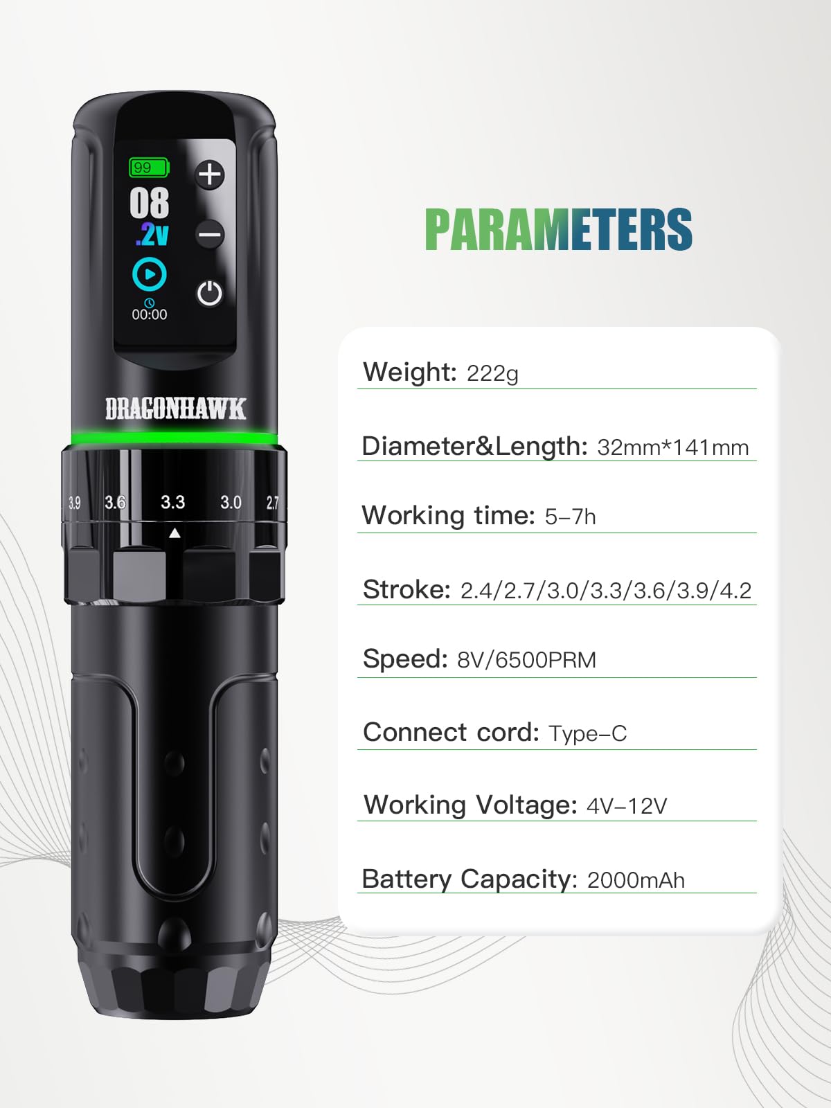 Dragonhawk L3 Wireless Tattoo Kit, Complete Tattoo Gun Kit for Beginners, Adjustable 7 Stroke Tattoo Pen Machine 2.4-4.2mm, Mcore Motor, RCA Corded Backup, Dual 2000mAh Batteries, Tattoo Supplies Set