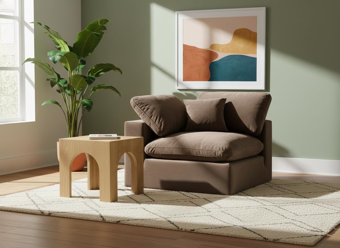Meridian Furniture 189Brown-Corner Comfy Collection Modern | Contemporary Velvet Upholstered Corner Chair, Soft Brown Velvet, Down Feather Cushions, 40" W x 40" D x 34.5" H, Brown