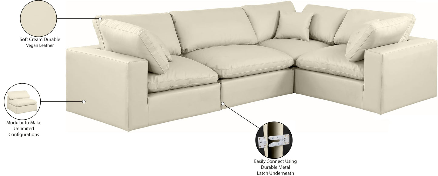 Meridian Furniture 188Cream-Sec4C Comfy Collection Modern | Contemporary Upholstered Modular Sectional, Soft Cream Vegan Leather, Fiber-Filled, 119" W x 80" D x 34.5" H, Cream
