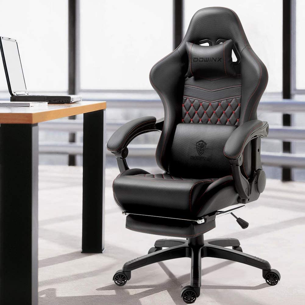 Dowinx Gaming Chair Big and Tall, Ergonomic Game Chair for Adults with Footrest and Massage Lumbar Support, High Back Computer Gamer Chair PU Leather, 350Lbs, for Office, Home, Grey