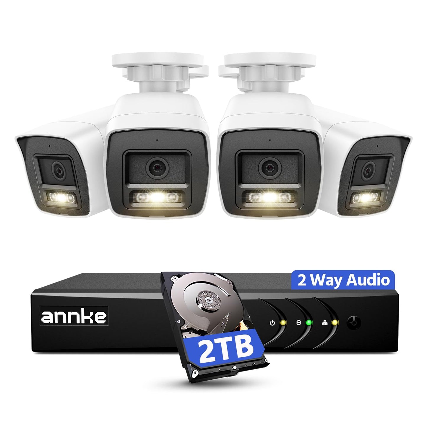 ANNKE 2MP Two-Way Audio Security Camera System, 8CH 3K Lite DVR, 4pcs 1080P CCTV White Wired Cams with Smart Color Night Vision, AI Motion Detection, 2TB HDD for Outdoor Home Surveillance