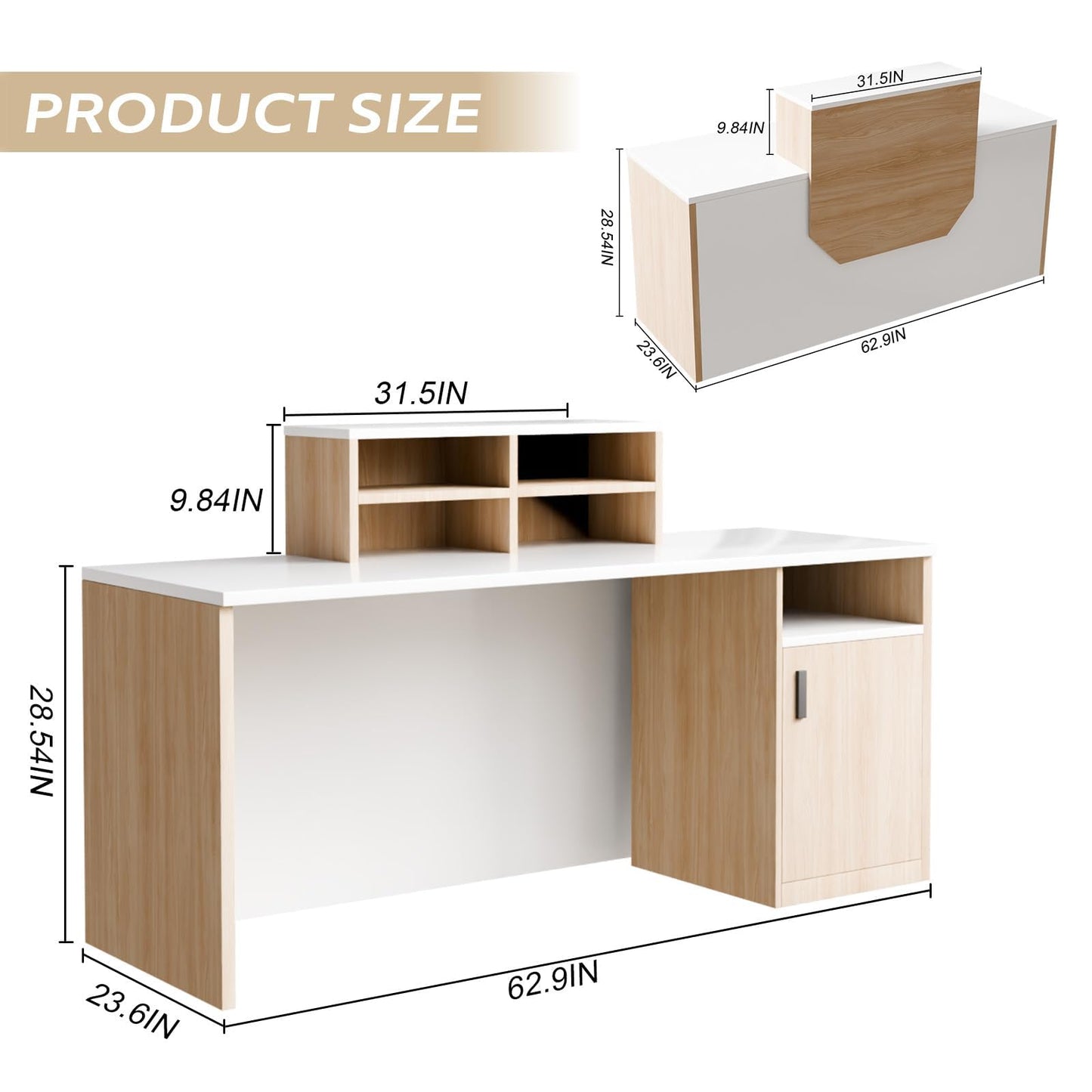 JFazzruit Reception Desk with Counter,63" Front Reception Counter with Cable Grommet and Storage Cabinet, Wooden Receptionist Desk with Drawers for Office, Salon, Retail & Lobby Checkout(White)
