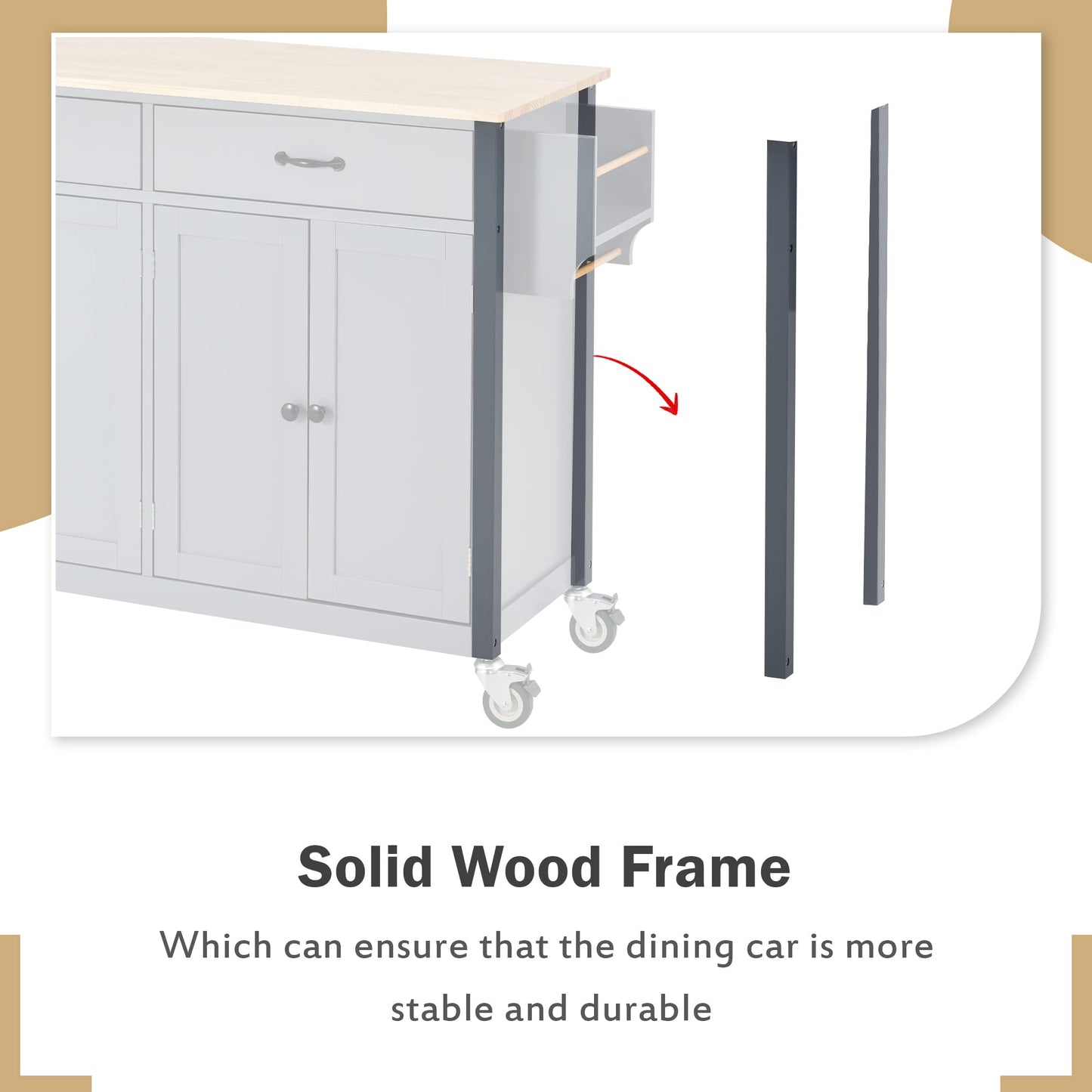Favfurish Kitchen Island with Solid Wood Top and Locking Wheels,54.3 Inch Width Kitchen Cart W/ 4 Door Cabinet / 2 Drawers/Spice Rack/Towel Rack,for Dining Room,Home Bar,Gray
