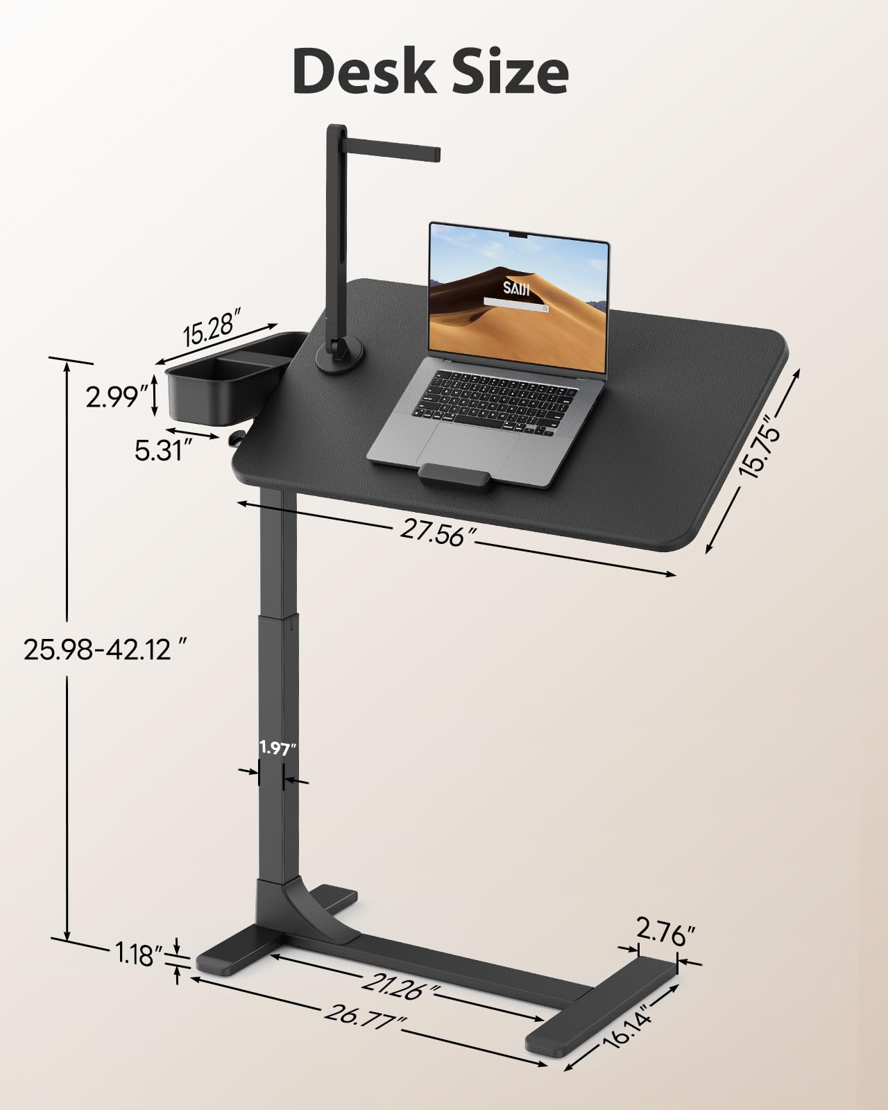 SAIJI Magnetic Overbed Bedside Table with Wheels, Height and 360° Angle Adjustable Over Bed Desk with Led Light, Portable Lengthened Rolling Laptop Standing Desk Mobile Bed Tables Hospital Home Use