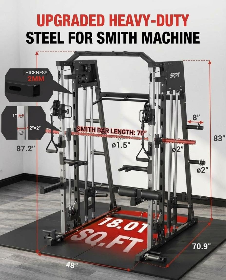 Smith Machine Home Gym, 2200LB Power Cage with Dual Pulley Cable Systems, LAT Pull-Down, Leg Hold-Down & 20+ Attachments for Full Body Workouts, Red