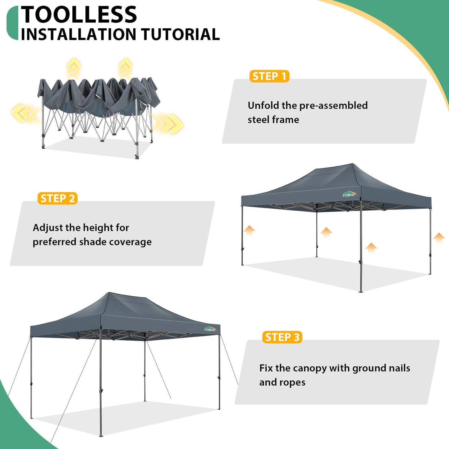 COBIZI 10x15 Pop up Canopy Tent Heavy Duty, Easy Set-up Commercial Outdoor Party Tent, 100% Waterproof Wedding Tents Gazebo, 3 Height Adjustable with Handbag, Gray