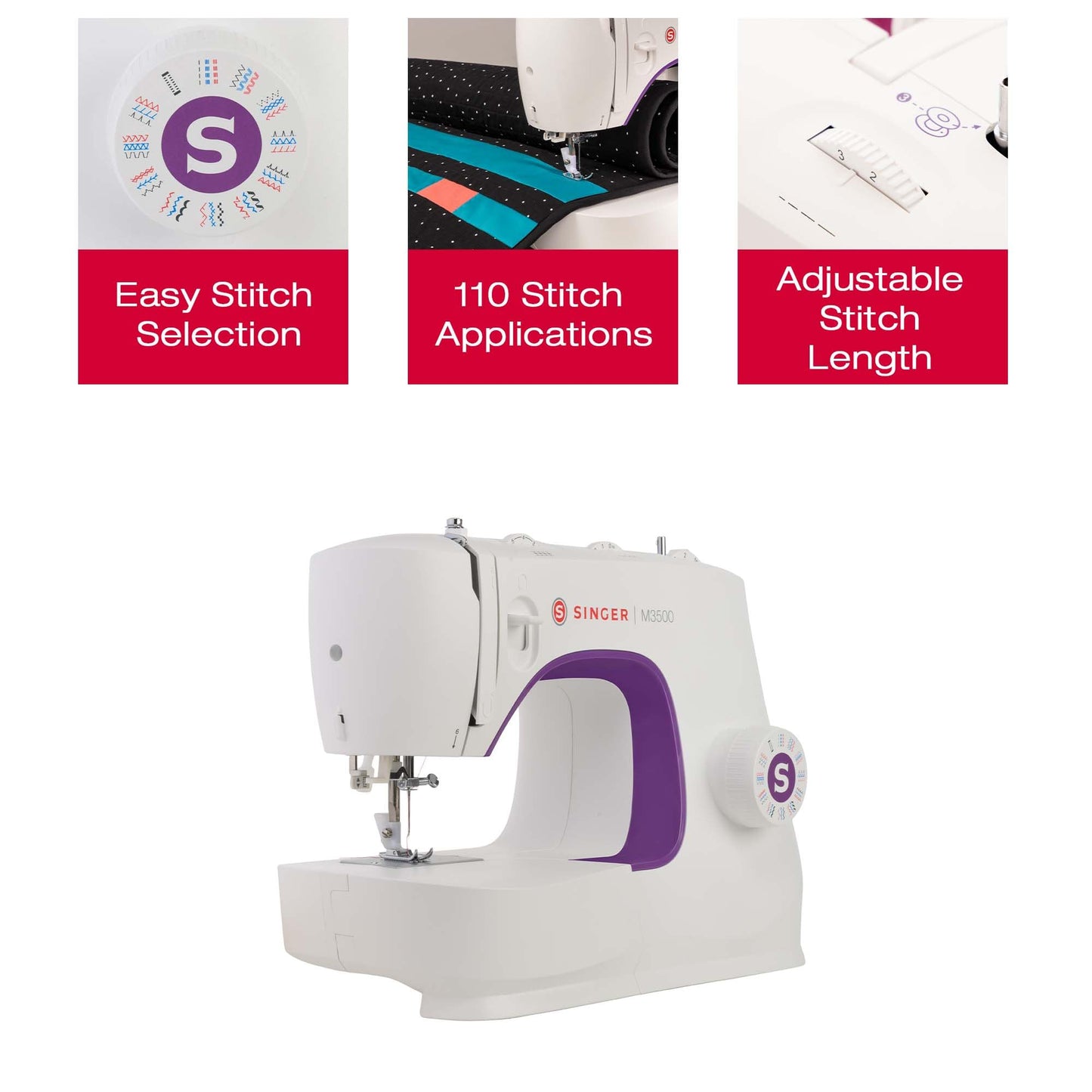 SINGER® M3500 Lightweight & Portable Sewing Machine with Accessory Kit | 32 Built-In Stitches Deliver 110 Stitch Applications | LED Light & 1-Step Buttonhole | Great for Quilting, Crafts & Mending