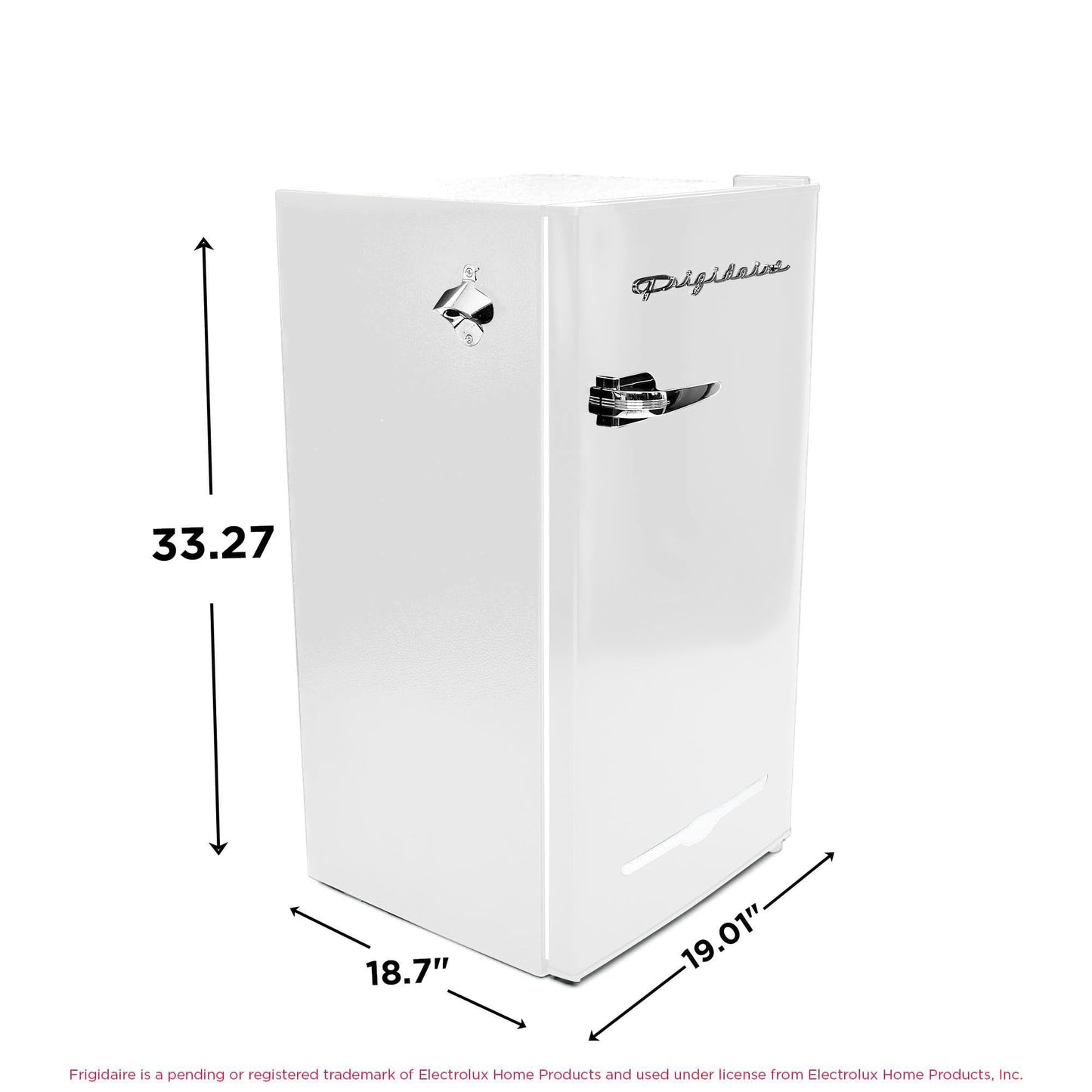 Frigidaire Retro Compact Fridge with Chiller, 3.2 cu ft Countertop Fridge with Built-In Bottle Opener, Compact Refrigerator for Office, Bedroom, Dorm Room or Cabin - 18.7"D x 19.01"W x 33.27"H (White)