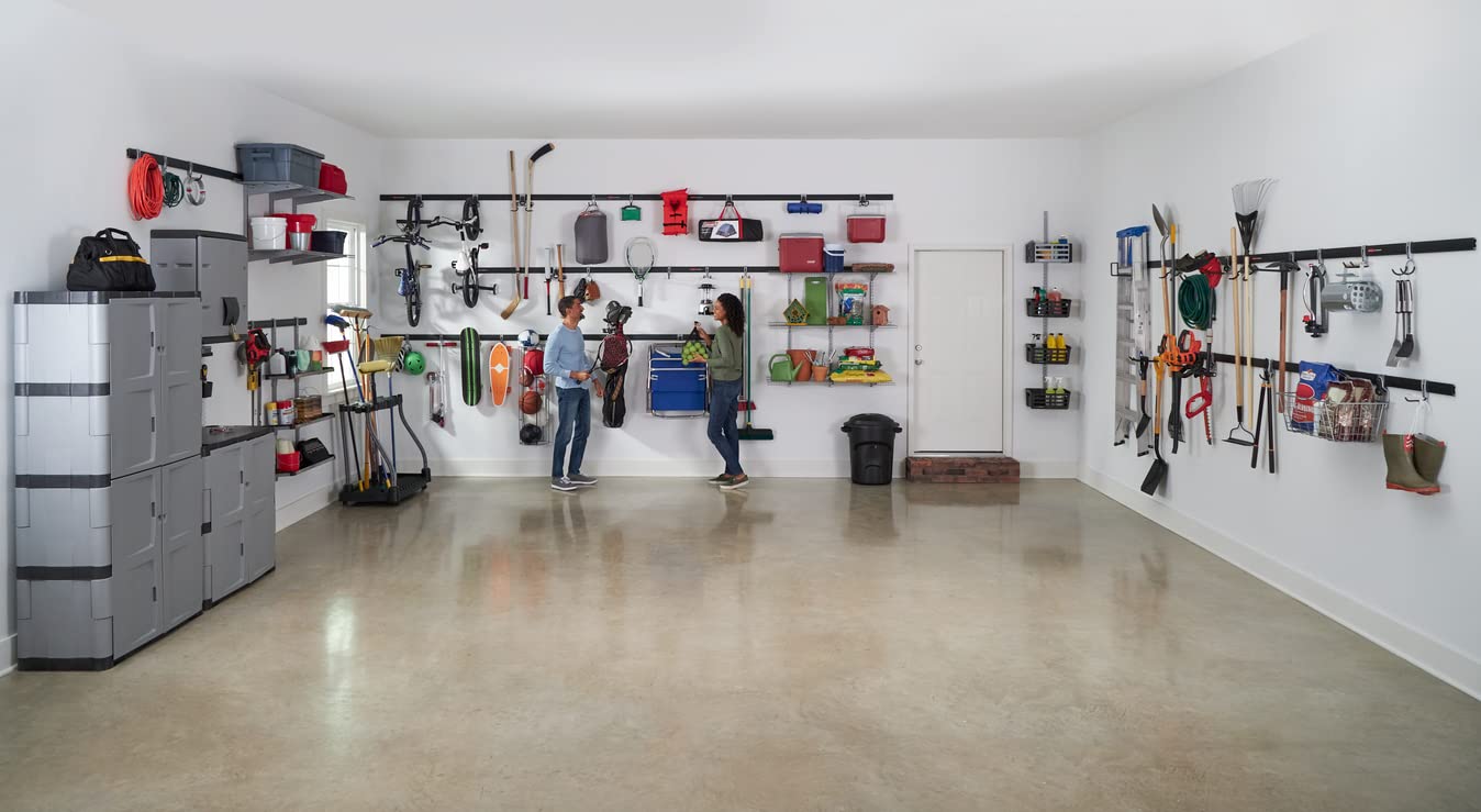 Rubbermaid 24-Piece FastTrack Garage Wall-Mounted Storage Kit, 6 Rails and 18 Hooks, Black, for Home/House/Tool/Sports/Equipment/Utility Purposes