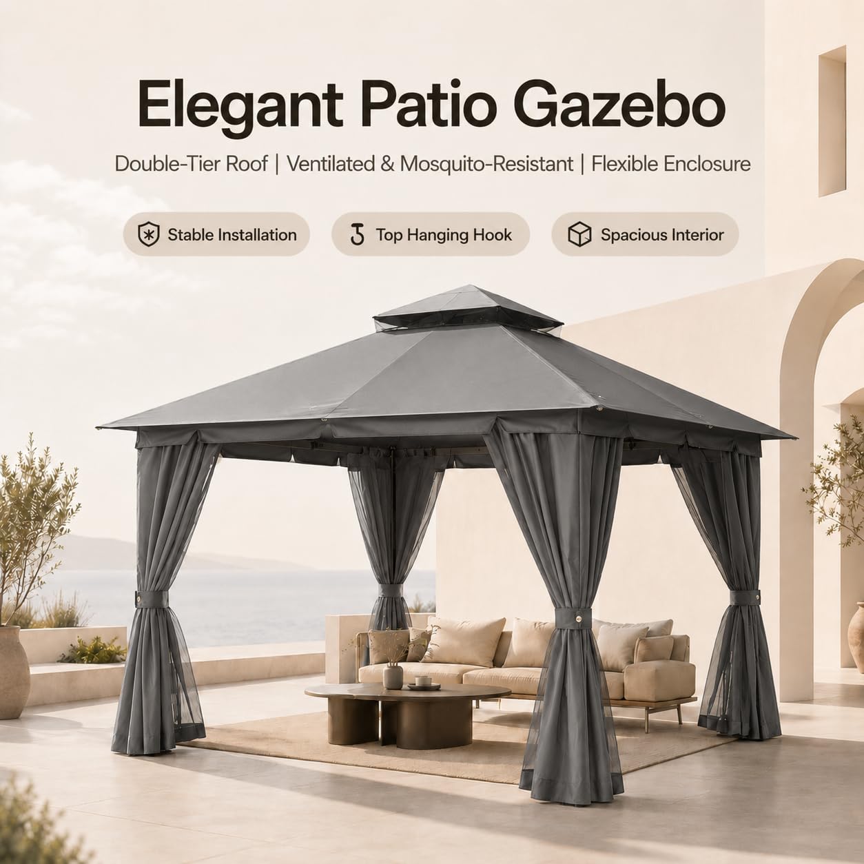 Kingdura 10'x13' Outdoor Gazebo, Heavy Duty Metal Patio Canopy Tent Shelter with Double Roof, Mosquito Netting & Privacy Curtains for Backyard, Garden, Deck, Lawn, Grey