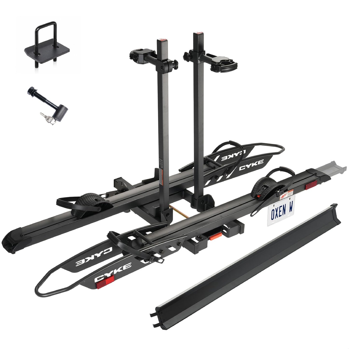 CYKE Oxen W Ebike Rack Hitch for 2 Electric Bikes – 200 lbs Heavy Duty, No-Lift Slide-Out Ramp, Fat Tire up to 5", Anti-Wobble, Foldable, Built-in License Plate Holder, 2" Receiver Car/SUV/Truck/RV